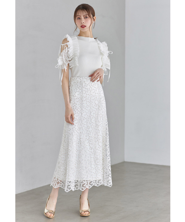 金糸入りフラワー刺繍セミマーメイドスカート 