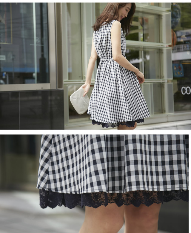 品のよい令嬢風ビジューONサイドリボン付きギンガムチェックワンピース  