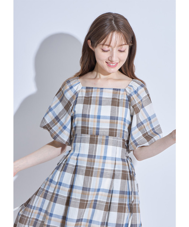 サイドレースアップデザインボリュームスリーブチェック柄ワンピース 