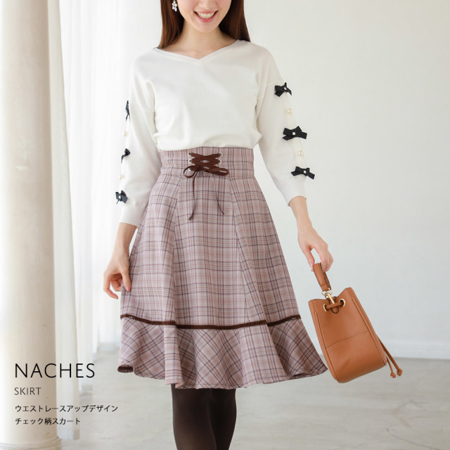 ウエストレースアップデザインチェック柄スカート