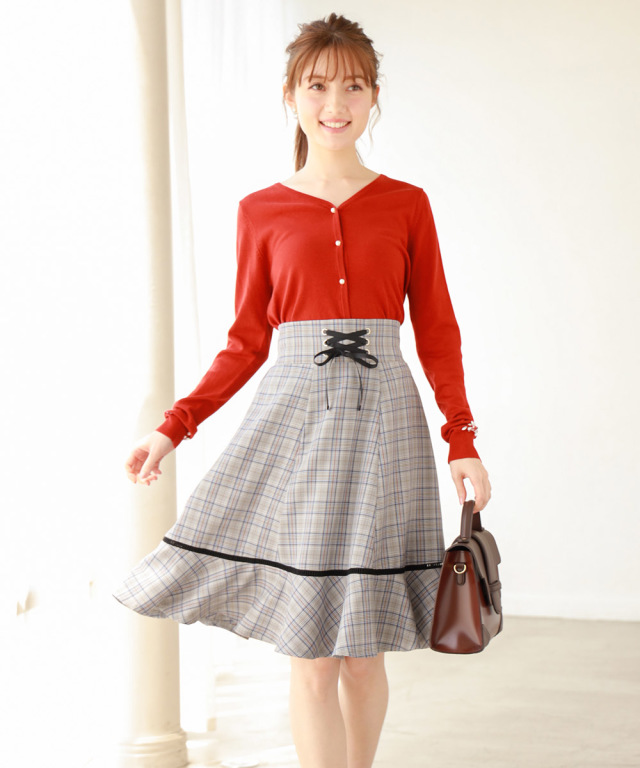 ウエストレースアップデザインチェック柄スカート 