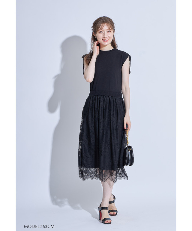 セレモニーワンピース／レースドッキングワンピース（ブルー） ドレスプラス DRESS+ パーティードレス 2way レース 大人可愛い