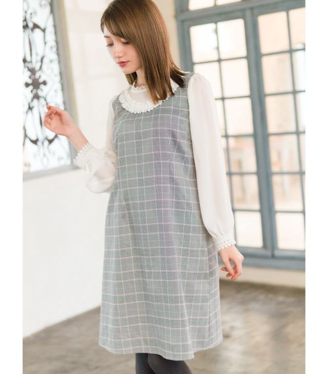 人気ブランドの ワンピース グレンチェック裾レース ひざ丈ワンピース Www Greencastle Bg
