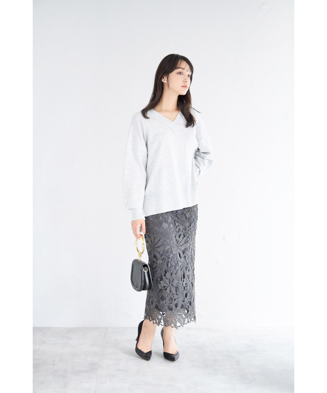 ドロップショルダーVネックマシュマロタッチニットプルオーバー≪Gray