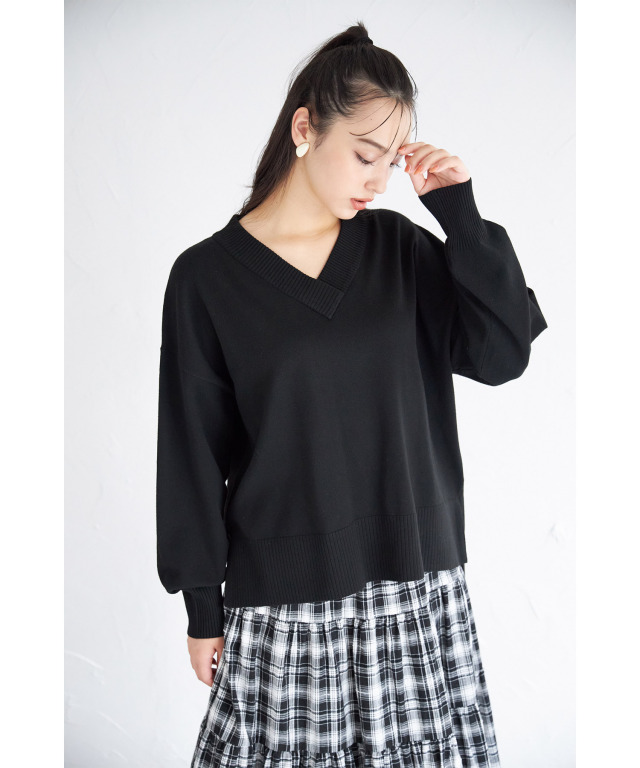 ドロップショルダーVネックマシュマロタッチニットプルオーバー
