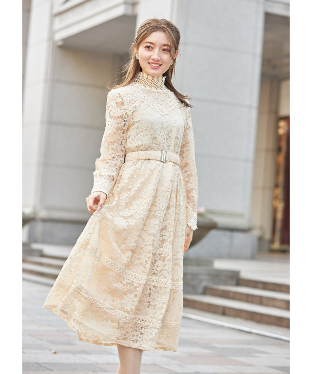 ベルト付きフラワーレース×ラインレーススタンドカラーワンピース 