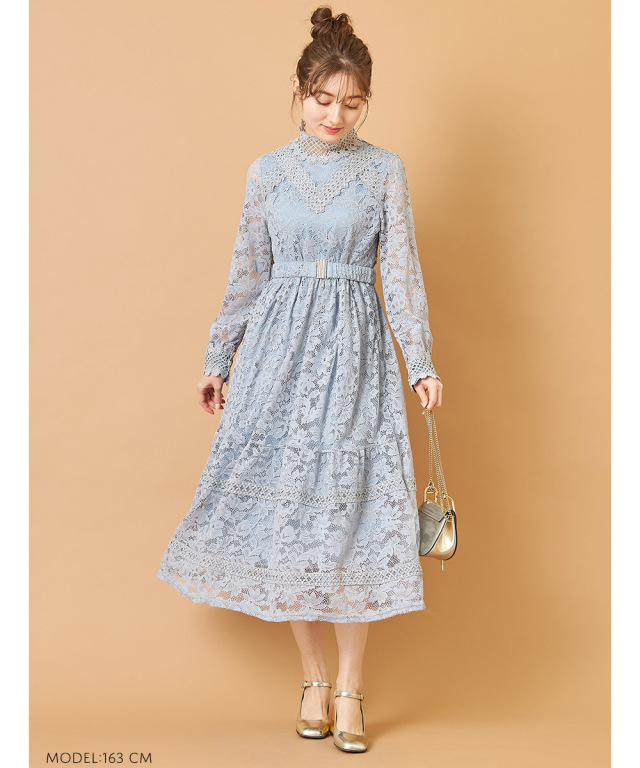 ベルト付きフラワーレース×ラインレーススタンドカラーワンピース 