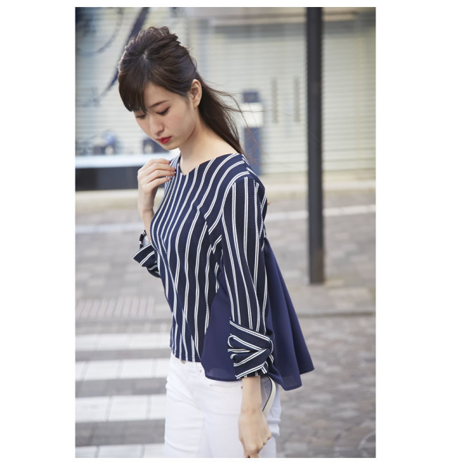 ストレッチジャガード後ろシフォン切り替え袖りぼんトップス 【narias  