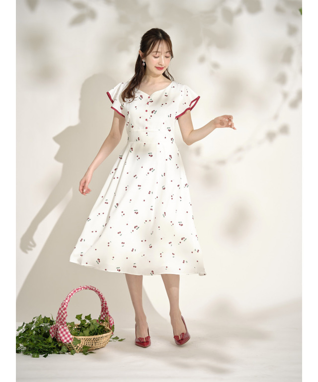 配色ライン入りフレアスリーブチェリープリントワンピース 