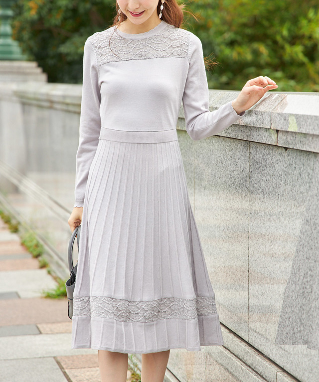 リュクスなマテリアルで凛と知的に。レース切替ニットワンピース  