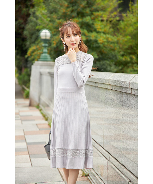 rokh】クリーム白レース 当たれ リボン タイネックlong dressワンピース