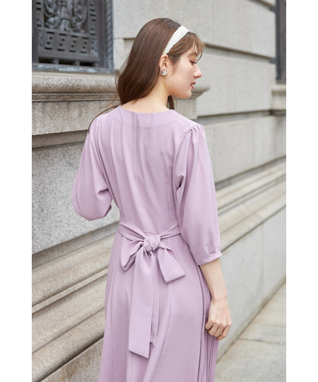 トッコクローゼット ベルト付袖リボンシャツワンピース 膝丈 半袖 ダスティピンク TOCCO closet - トッコクローゼット ベルト付袖リボンシャツ