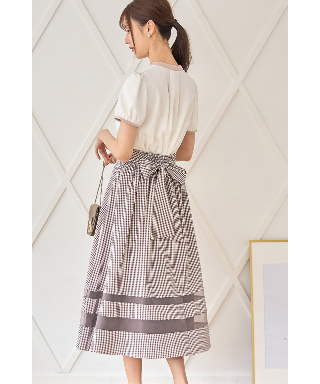 後ろリボン付きシアー切り替えチェック柄フレアスカート 