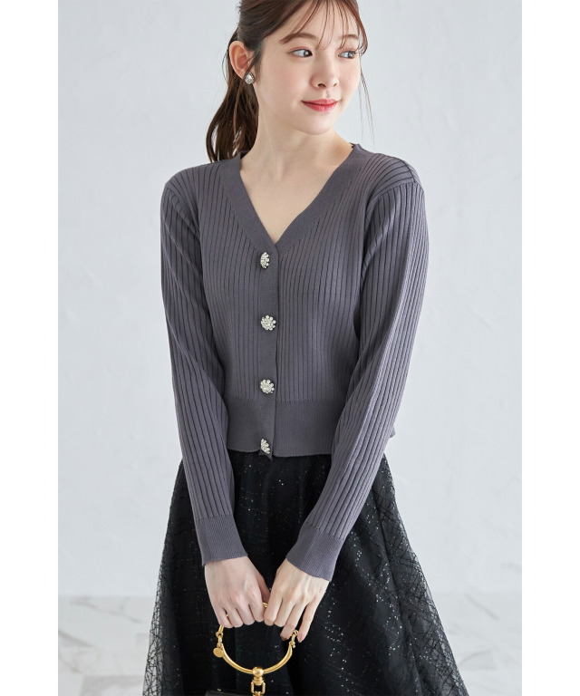 フラワービジュー付きショート丈リブニットカーディガン 