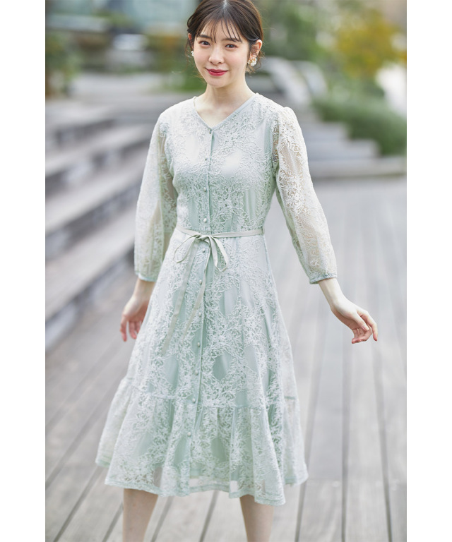 爽やかなロマンスをIN♪ウエストりぼん付きくるみ釦Vネックレース  