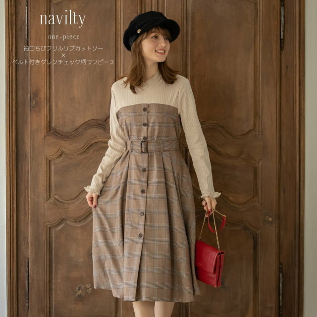 袖口ちびフリルリブカットソー×ベルト付きグレンチェック柄ワンピース【navilty　ナヴィルティ】tocco closet(トッコクローゼット)  Collection　※オンライン限定