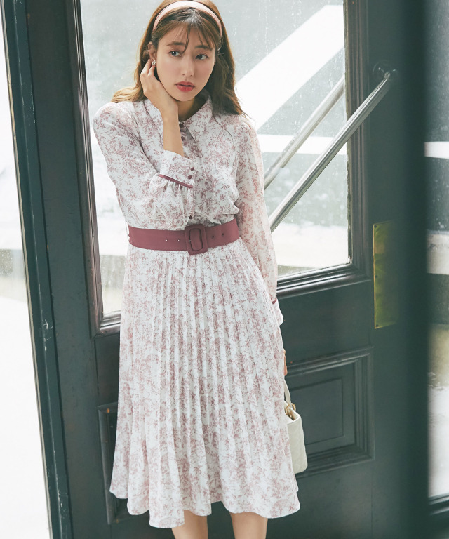 ベルト付きトワルドジュイ柄シャツプリーツ切り替え配色ワンピース