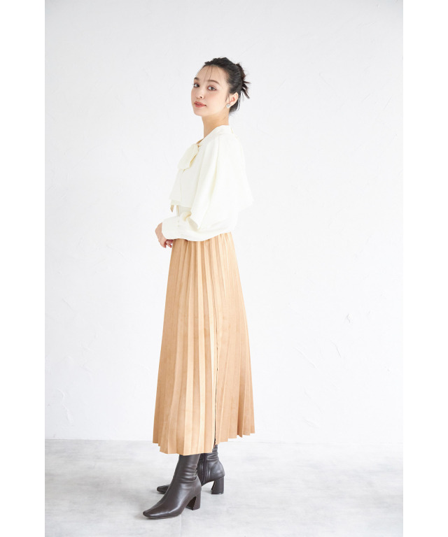 チェック×無地リバーシブルスエードポンチプリーツスカート