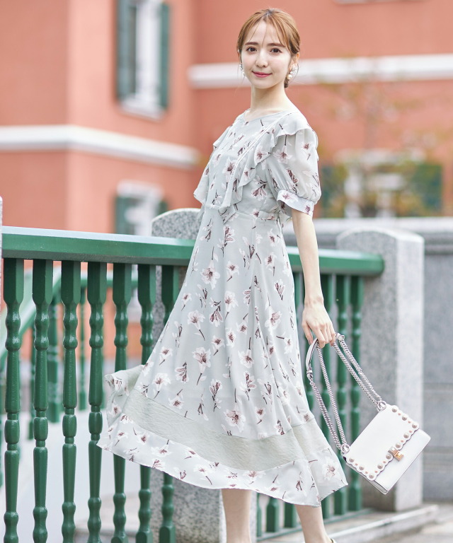 ハシゴレース装飾ラッフルフリルフラワープリント裾切り替えシフォン  