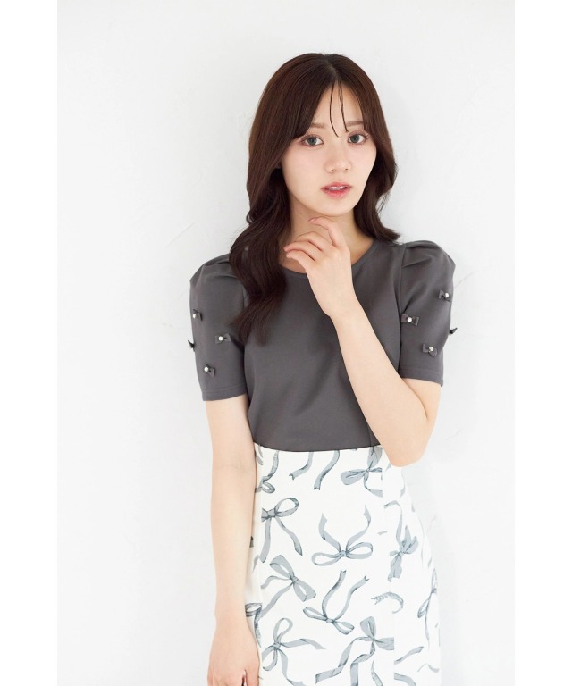おび様へ ビジュー×リボン付きパワーショルダーTシャツ