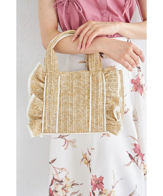 雑材フリル配色ハンドバッグ