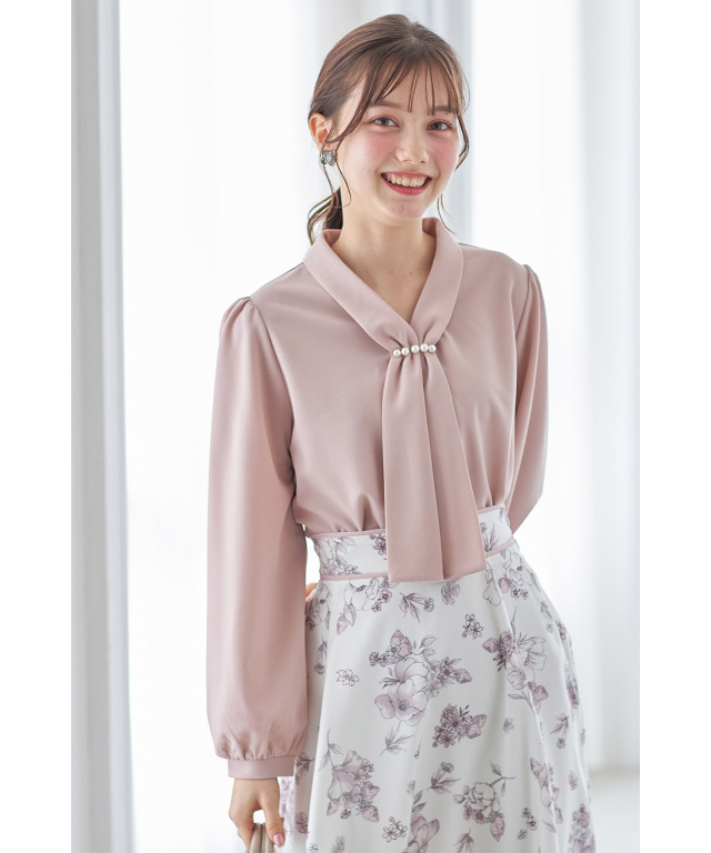 ブラウス シャツ パールボタン刺繍ボウタイブラウス レディース ブラウス シャツ パールボタン刺繍ボウタイブラウス レディース