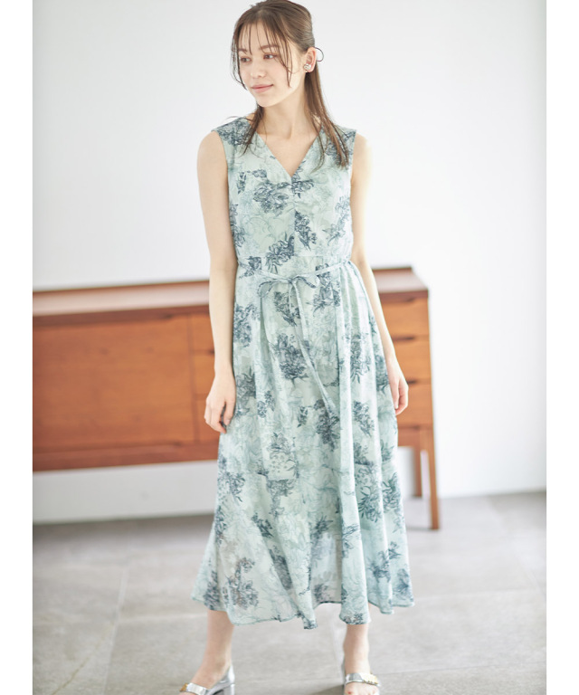 ウエストりぼん付き胸元ギャザーシアージャガードフラワープリント  