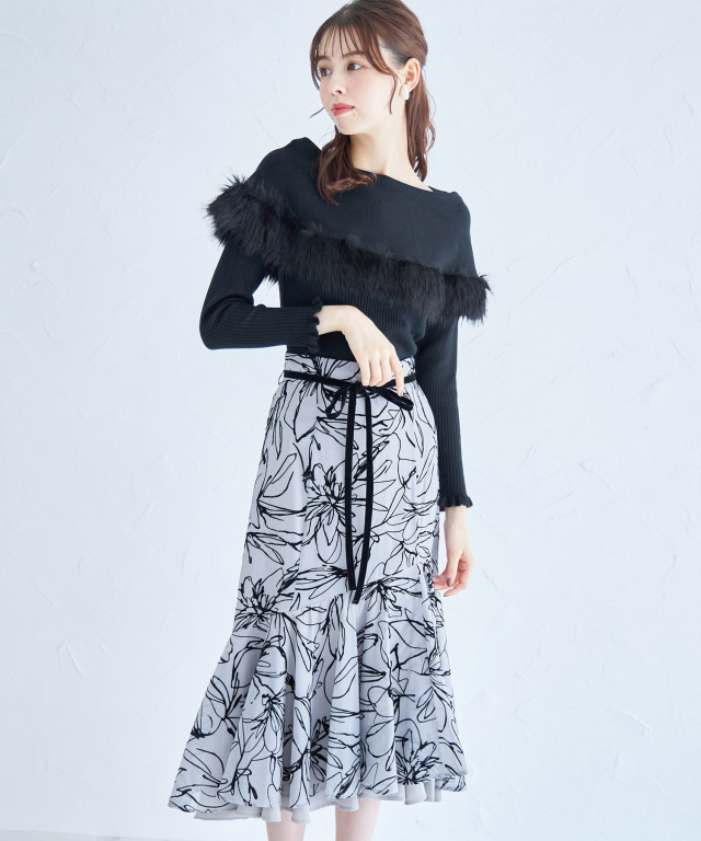 りぼん付きフロッキーラインフラワーマーメイドスカート 