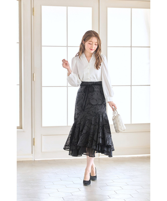 りぼん付きフロッキーラインフラワーマーメイドスカート 