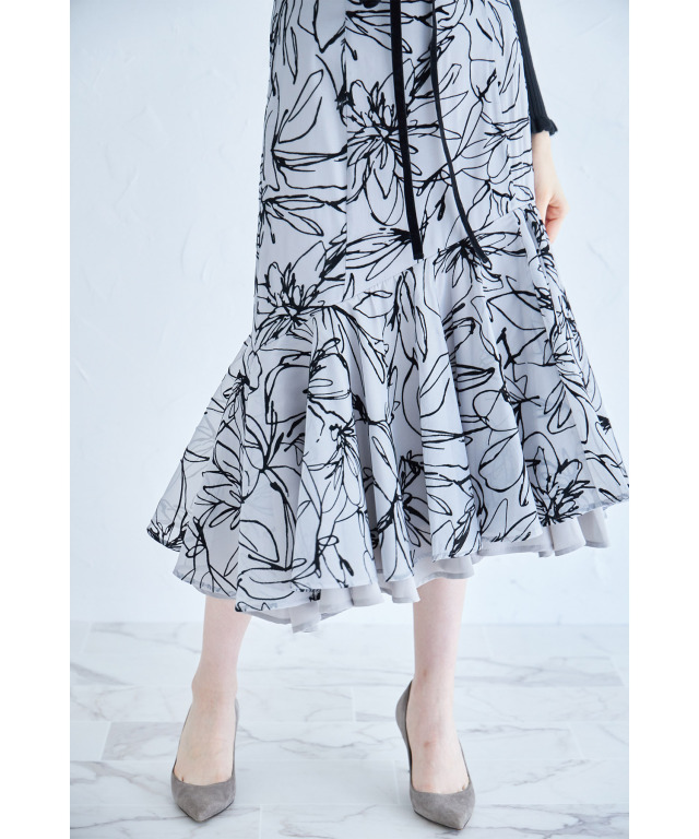 りぼん付きフロッキーラインフラワーマーメイドスカート 