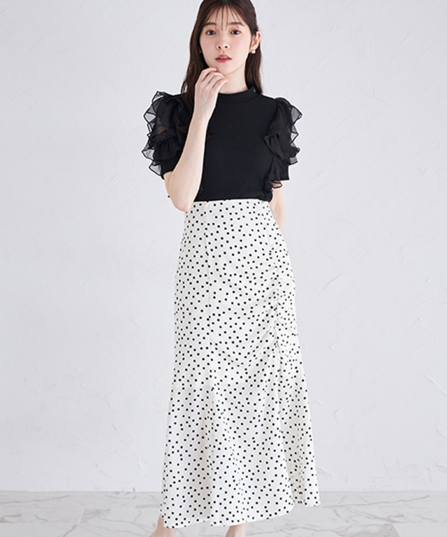 【PATOU】レッド◆Bloom◆フリル付き◆ミディアムスカート ドット×シアープリーツレイヤードフレアスカート