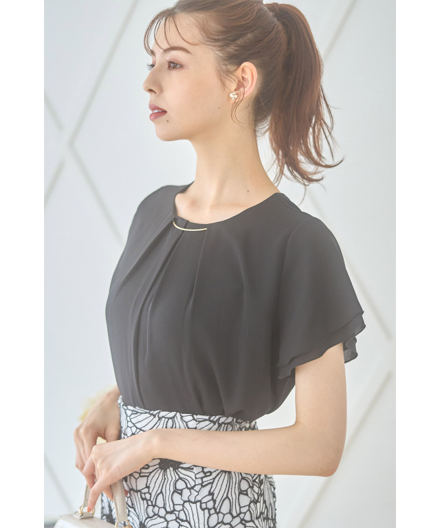Frene フラーネ　パール付きダンボールコート+ブロードシアーブラウス 1枚で旬顔！シアー刺繍3WAYバルーンスリーブティアードブラウス