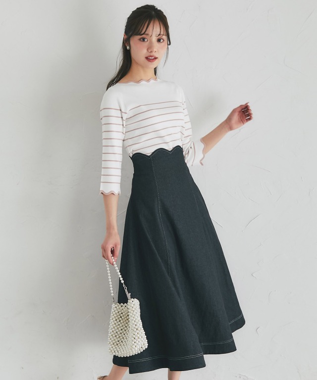 ステッチ入りウエストスカラップデニムフレアスカート