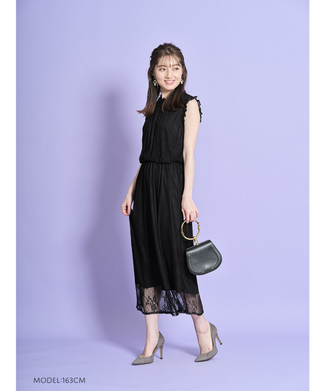 フリル付き総レースノースリーブワンピース 
