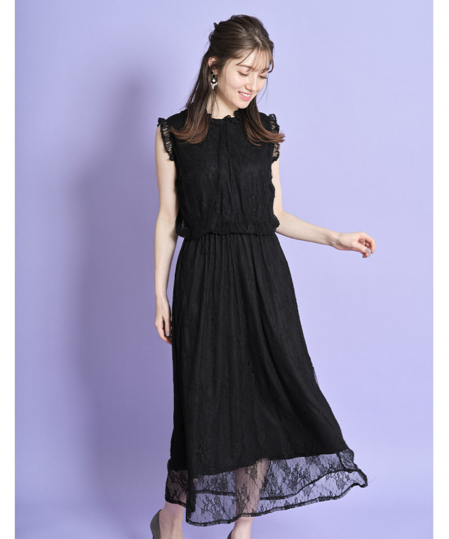 フリル付き総レースノースリーブワンピース 