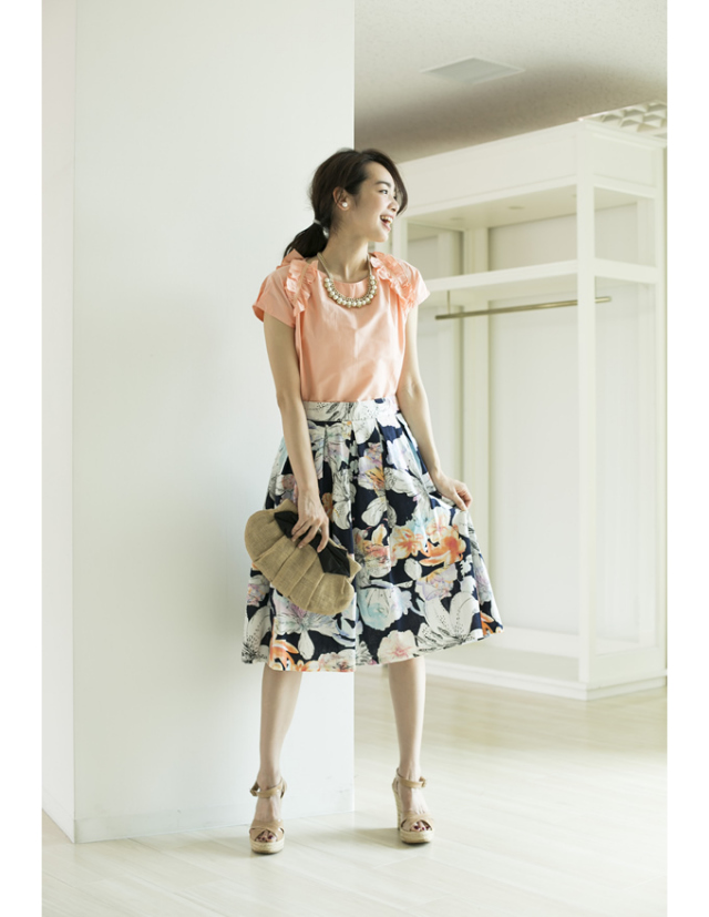 花柄イラスト風ミモレ丈スカート 綿麻素材 Olyer オリエル 15 Summer Collection