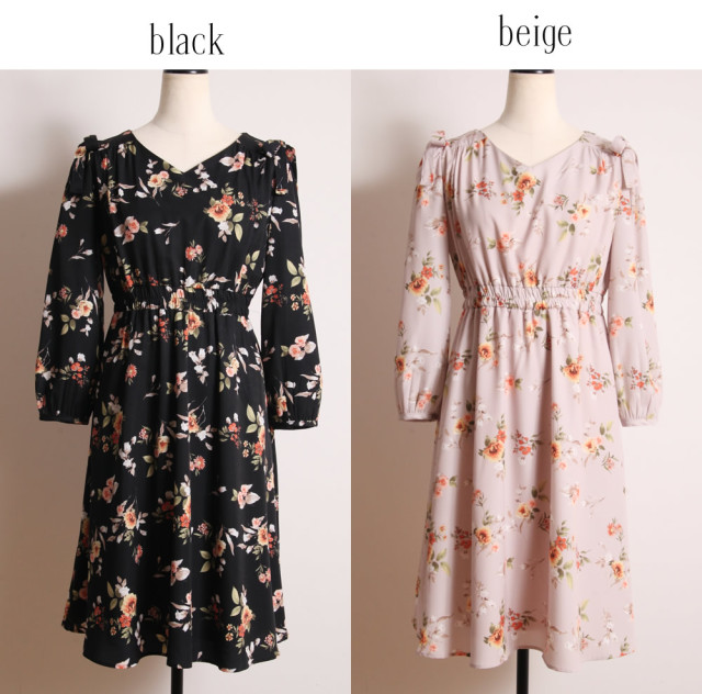 肩リボンつきロマフラワープリントレトロシルエットワンピース