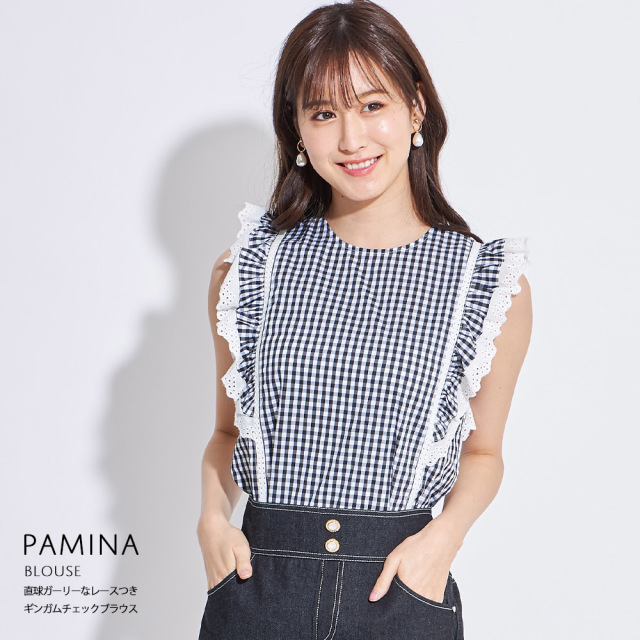 直球ガーリーなレースつきギンガムチェックブラウス 