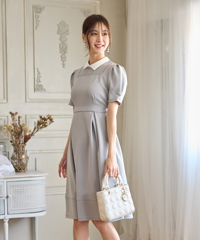 襟付き袖口パール装飾シアー切り替えワンピース