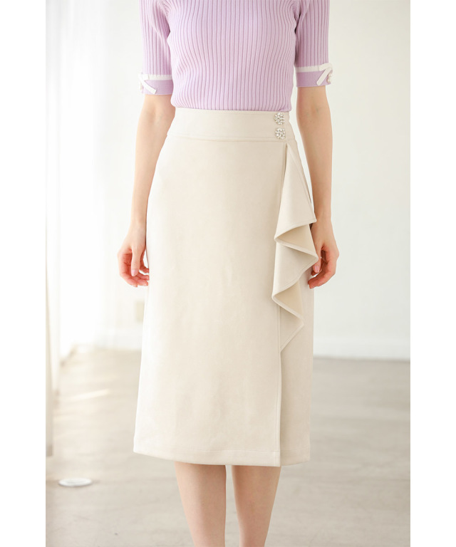 フラワービジュー付きフリルラップタイトスカート 