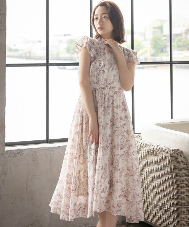 プチフリルネックダブルラッフルスリーブフラワープリントイレヘムワンピース