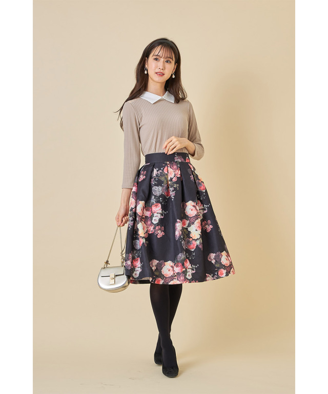 チョノ ジャガードフラワースカート ロング フレア そそり リボン  