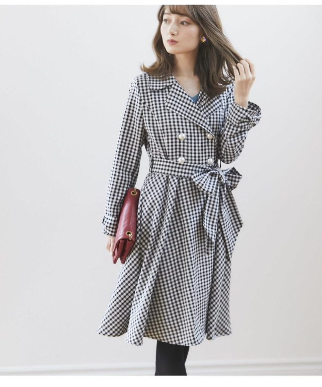 気分は女優 ギンガムチェック柄パール釦付き袖りぼんトレンチコート Pomate ポマート