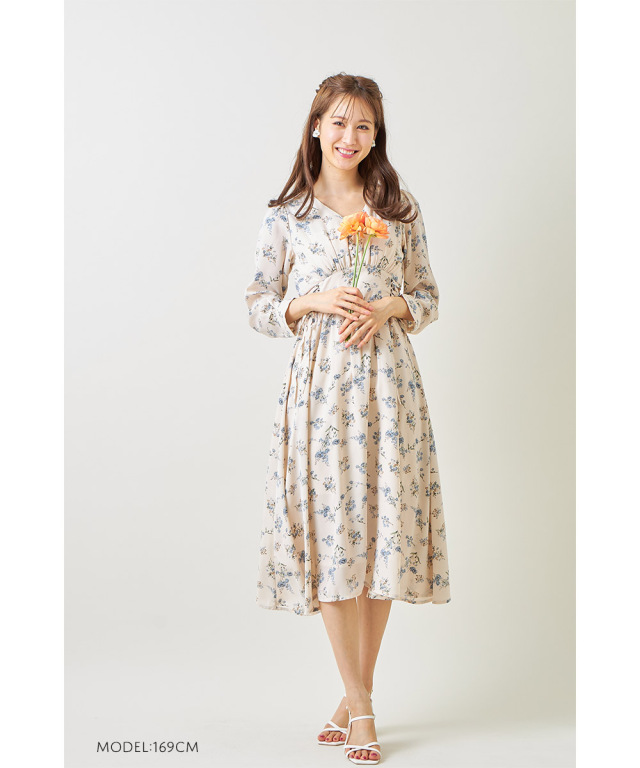 大人ロマンティックなサイドレースアップ長袖フラワープリントワンピース 