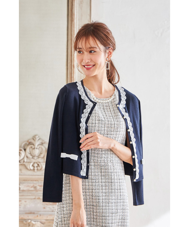 りぼん＆ラインレース装飾パール釦バイカラーカーディガン 