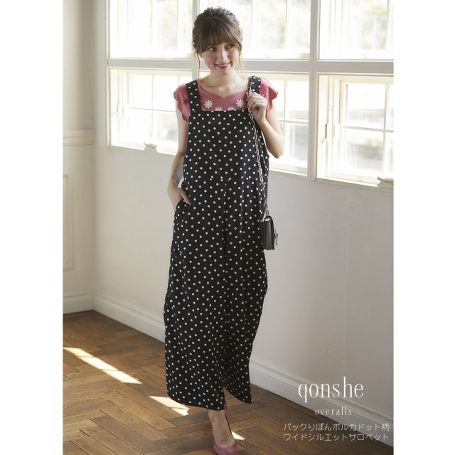 バックりぼんポルカドット柄ワイドシルエットサロペット 【qonshe 