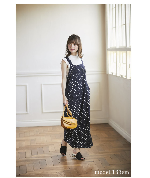 バックりぼんポルカドット柄ワイドシルエットサロペット 【qonshe 
