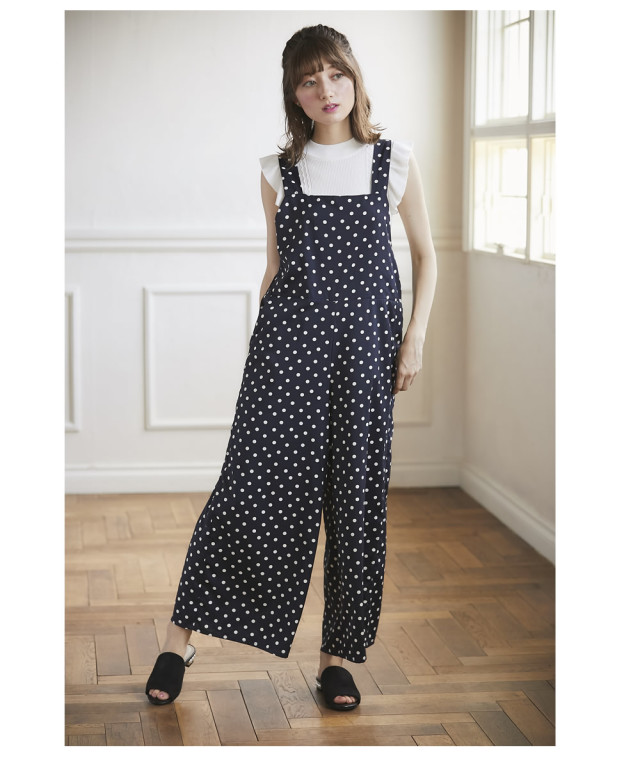 バックりぼんポルカドット柄ワイドシルエットサロペット 【qonshe 