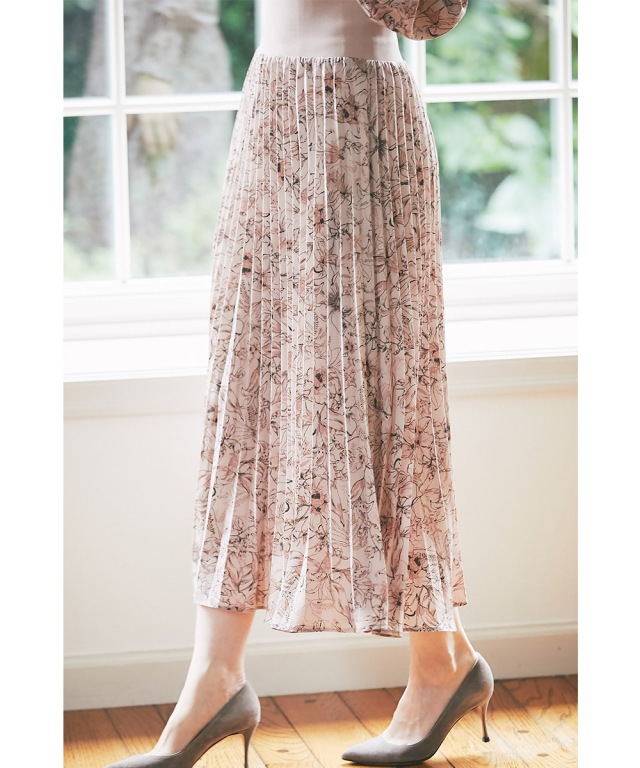 ウエストリブ切り替えシャーリングフラワープリントプリーツワンピース 