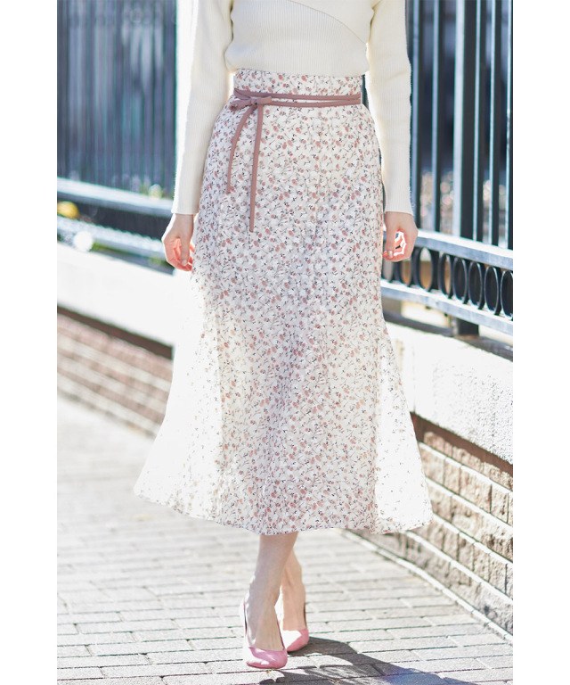 ウエストりぼん付きフラワープリントチュールレースフレアスカート 